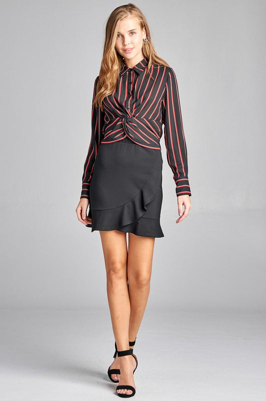 Ladies fashion long sleeve front button w/twisted detail stripe print woven shirt