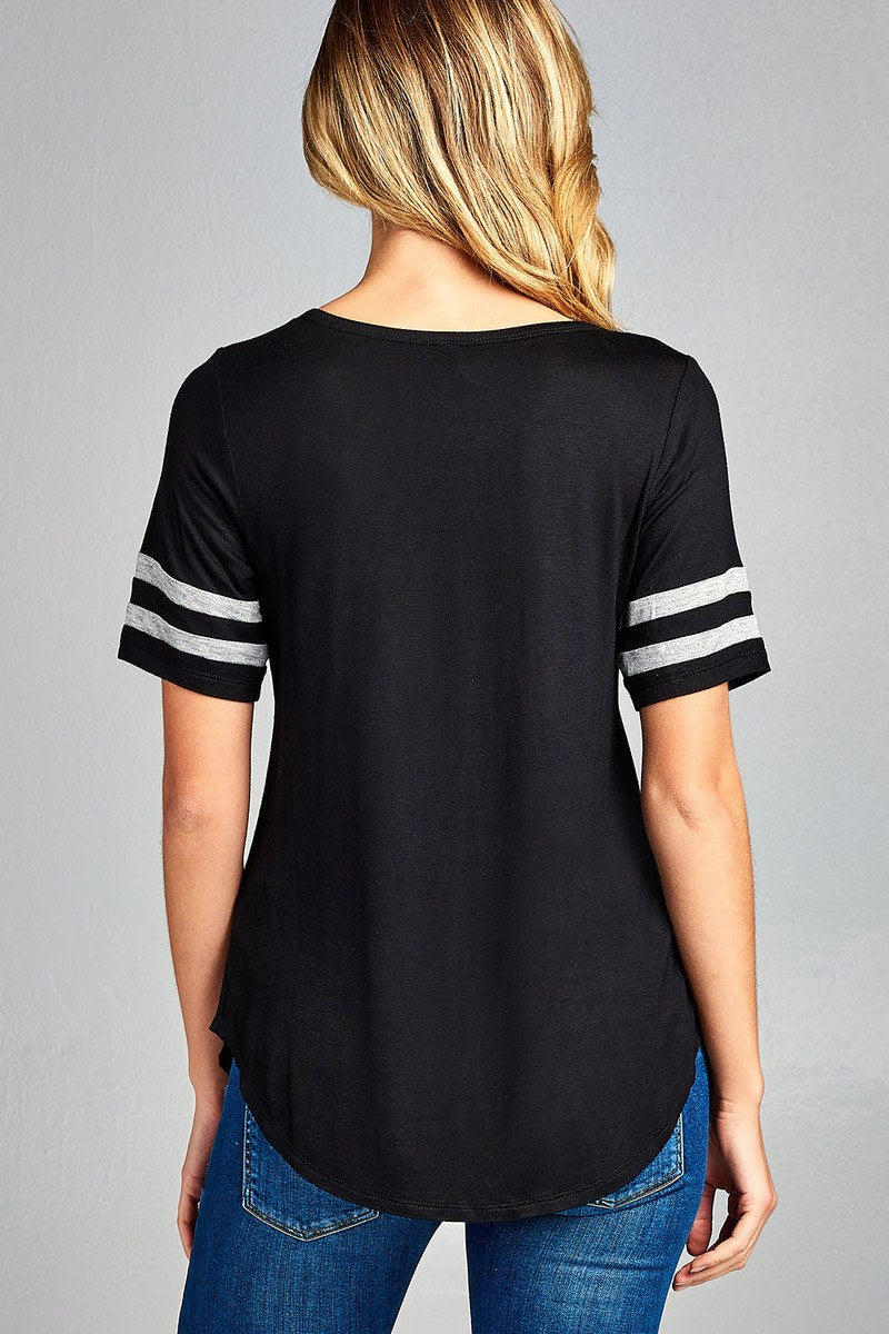 Ladies fashion plus size short double stripe sleeve round neck rayon spandex top
