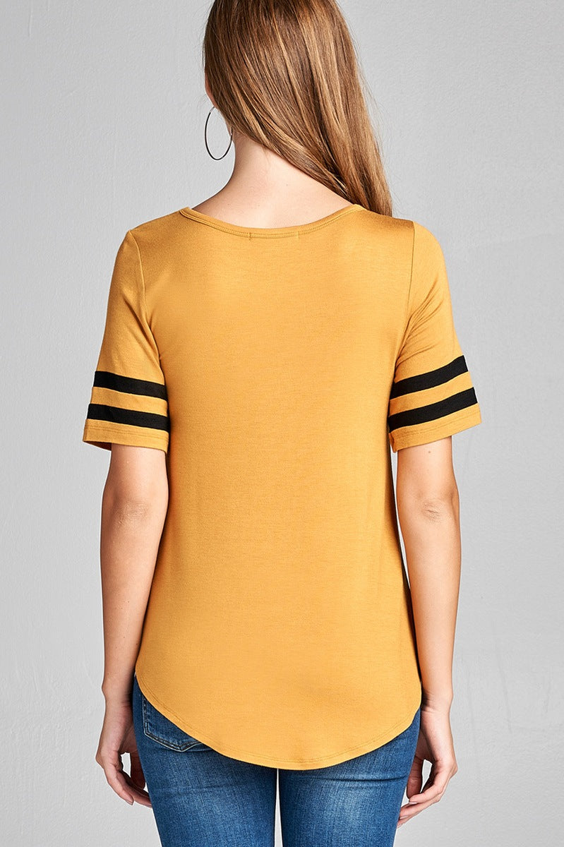 Ladies fashion plus size short double stripe sleeve round neck rayon spandex top