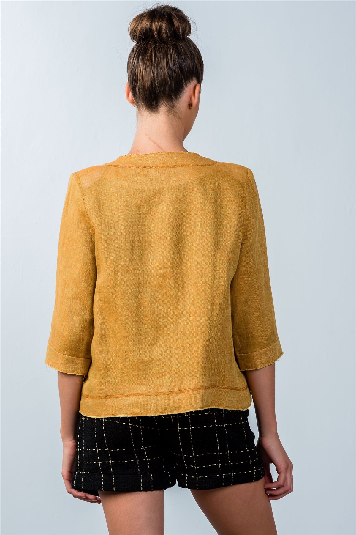 Ladies fashion mustard 3/4 sleeve open-front jacket