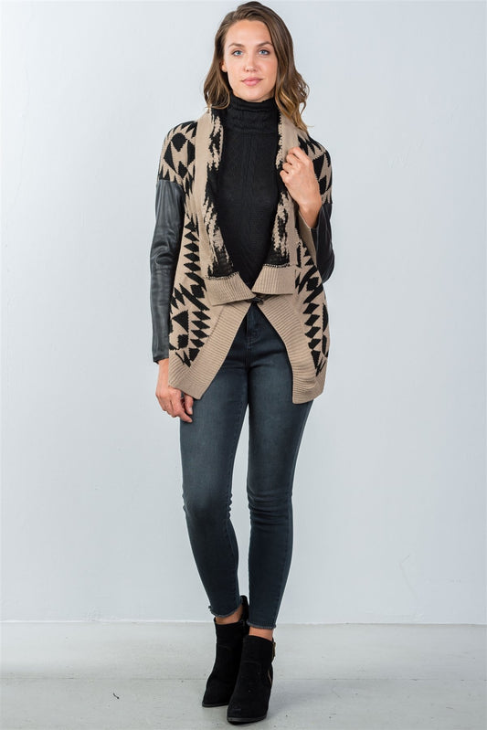 Ladies fashion tribal print vegan leather sleeves cardigan