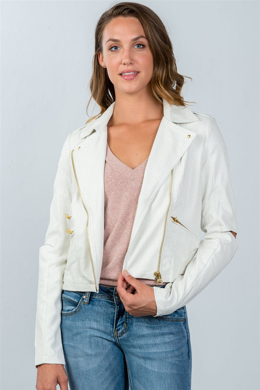 Ladies fashion white perforated elbow cut-out moto jacket