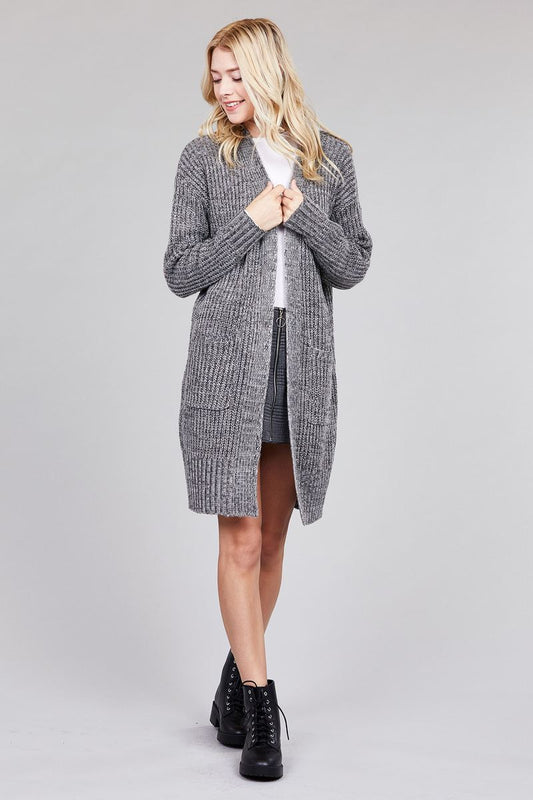 Ladies fashion dolmen sleeve open front w/patch pocket marled sweater cardigan