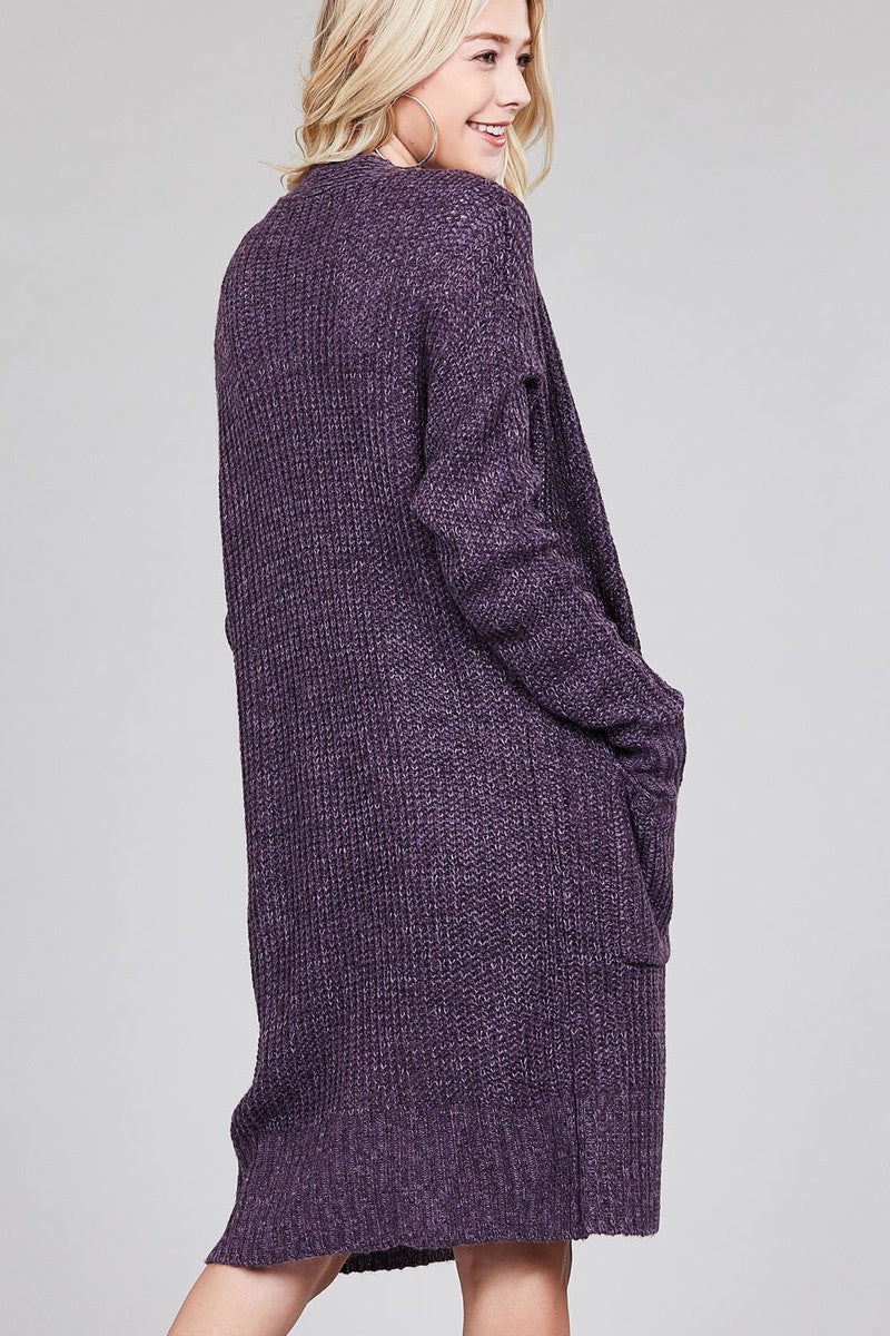 Ladies fashion dolmen sleeve open front w/patch pocket marled sweater cardigan