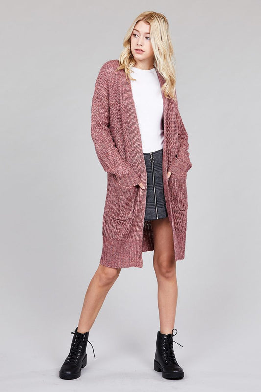 Ladies fashion dolmen sleeve open front w/patch pocket marled sweater cardigan