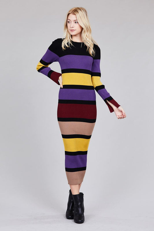 Ladies fashion long sleeve round neck color block long knit dress