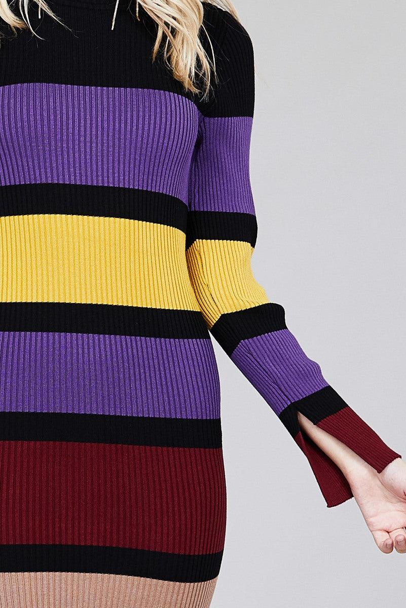 Ladies fashion long sleeve round neck color block long knit dress