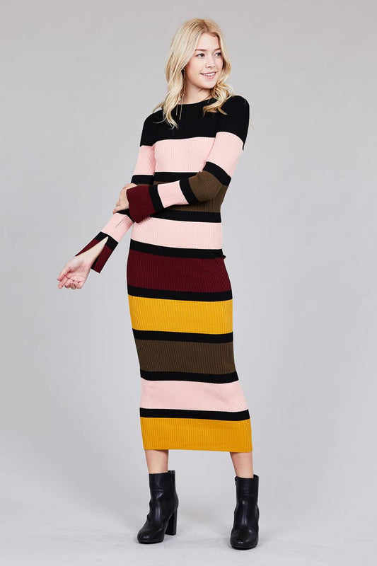 Ladies fashion long sleeve round neck color block long knit dress