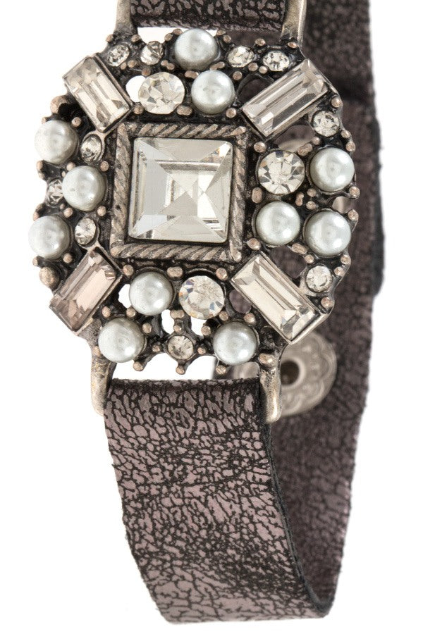 Crystal gem and pearl accent faux crackled leather bracelet
