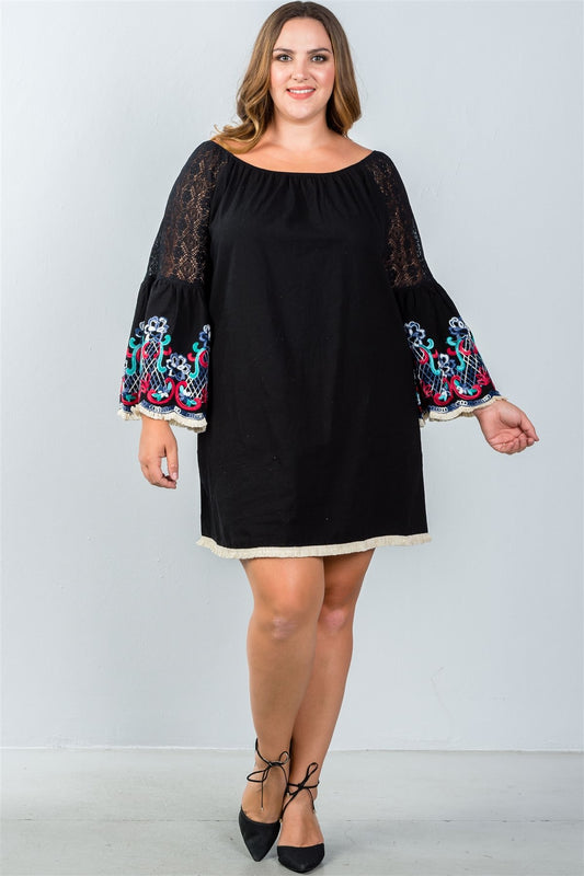 Ladies fashion plus size floral bell sleeve lace panel a-line dress