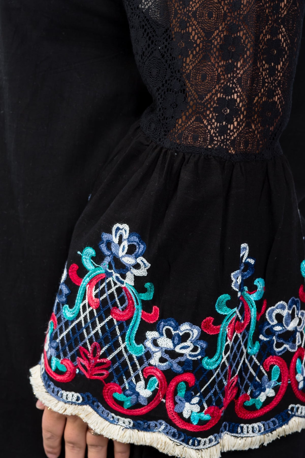 Ladies fashion plus size floral bell sleeve lace panel a-line dress