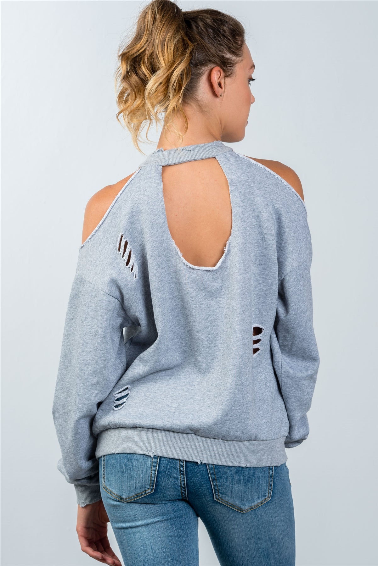 Ladies fashion grey cold shoulder distressed sweatshirt