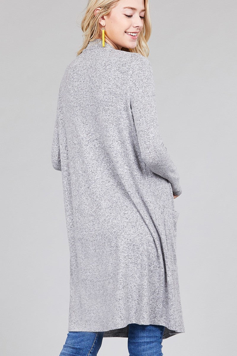 Ladies fashion long sleeve open front w/pocket brushed hacci cardigan