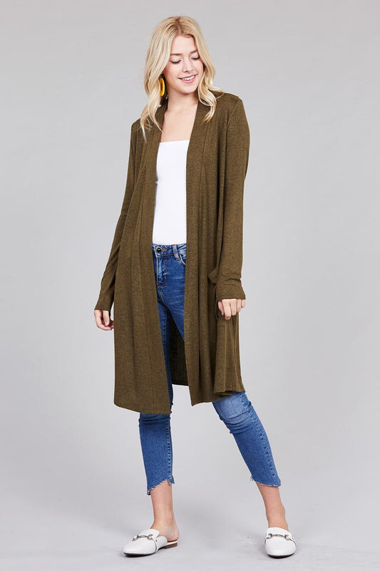 Ladies fashion long sleeve open front w/pocket brushed hacci cardigan