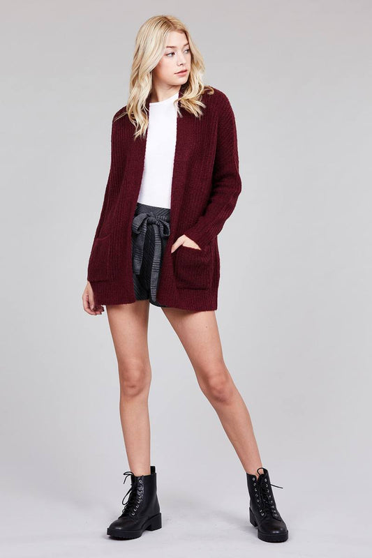 Ladies fashion dolmen sleeve open front surplice back construction sweater cardigan