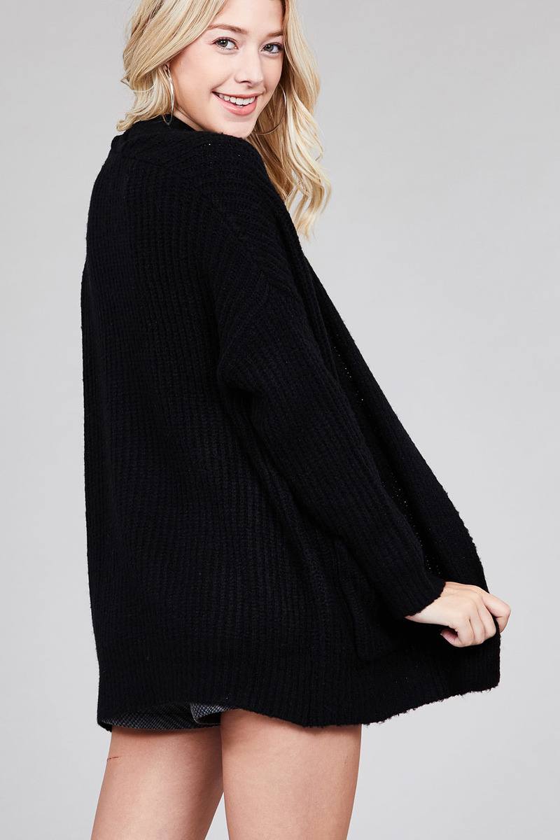 Ladies fashion dolmen sleeve open front surplice back construction sweater cardigan