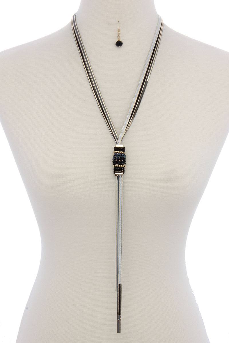 Multi colored snake chain beaded metal knot y shape necklace