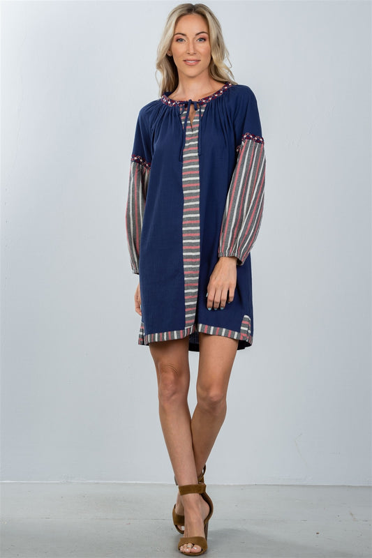 Ladies fashion bohemian stripe contrast sleeve mini dress