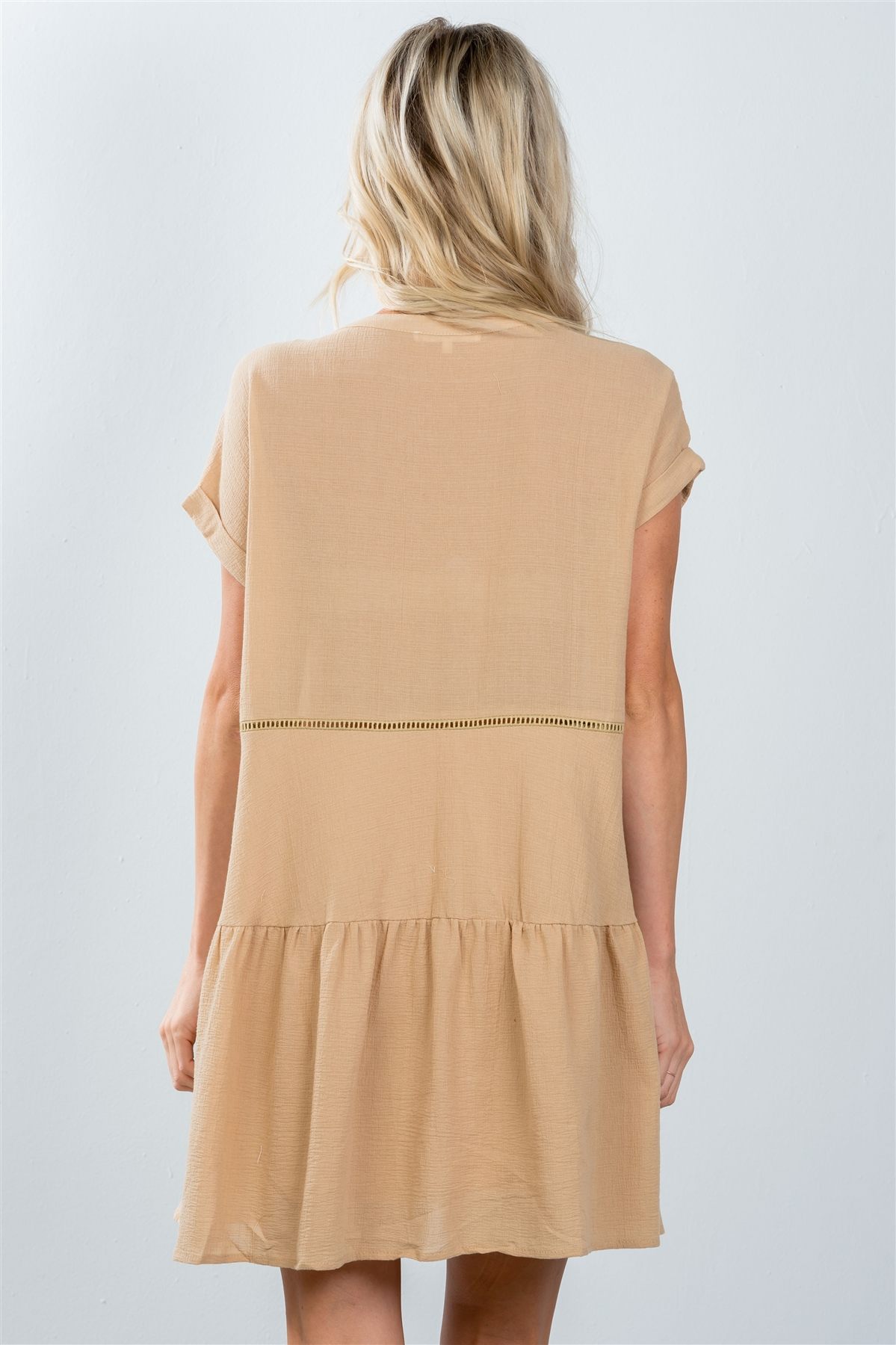 Ladies fashion taupe ladder stitch trim peasant mini dress