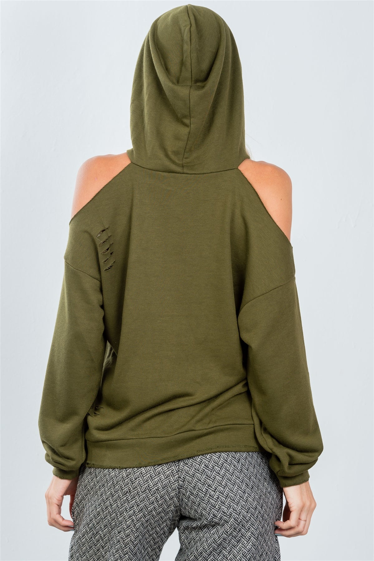 Ladies fashion olive distressed cold shoulder hoodie