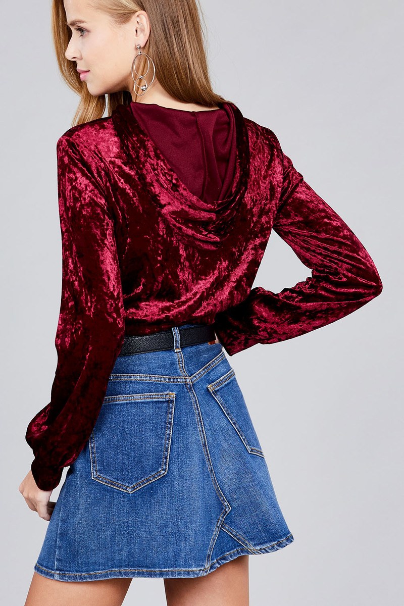 Ladies fashion plus size long sleeve hoodie w/drawstring ice velvet crop top