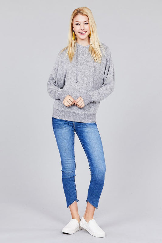 Ladies fashion plus size long sleeve hoodie w/drawstring brushed hacci knit top