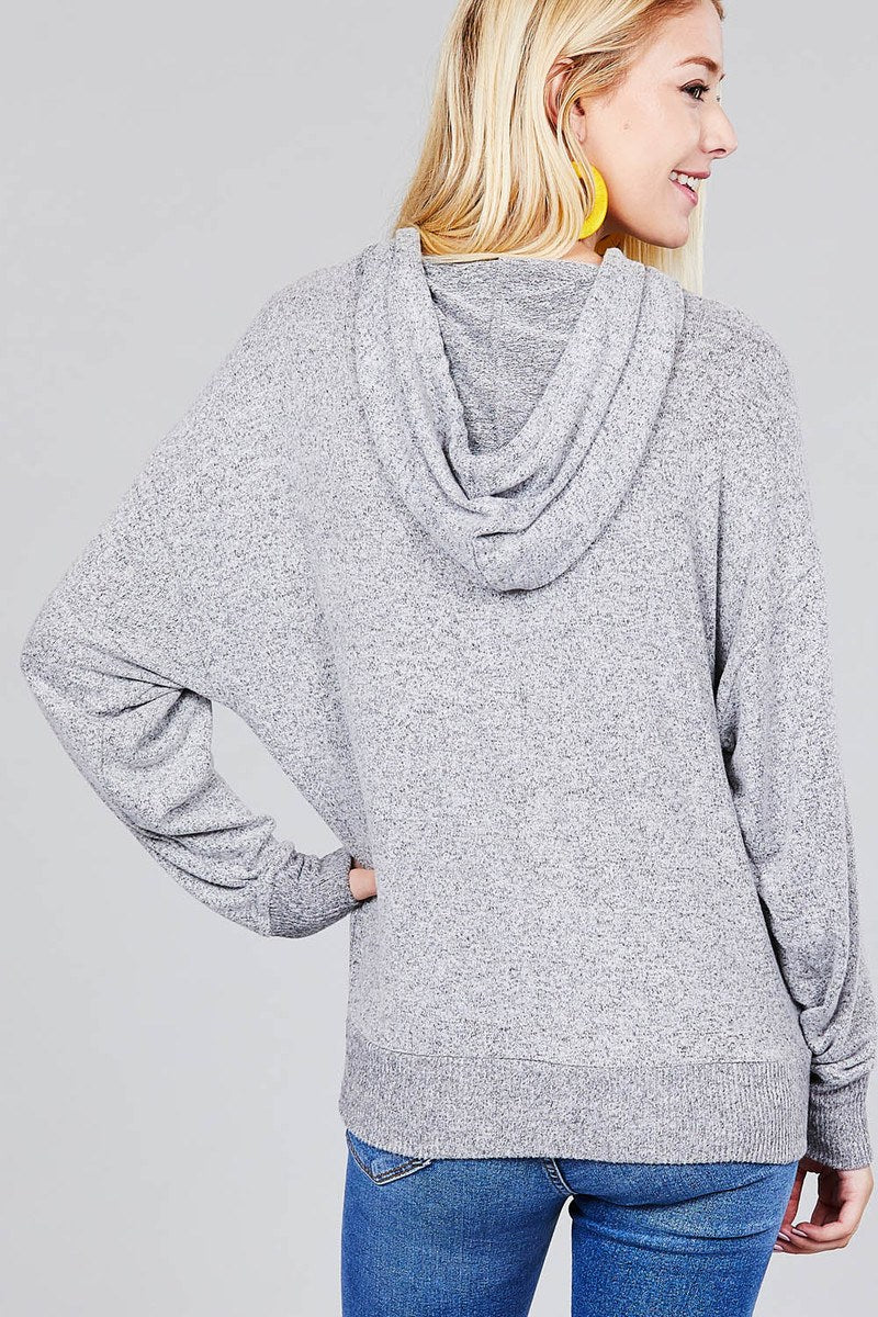 Ladies fashion plus size long sleeve hoodie w/drawstring brushed hacci knit top