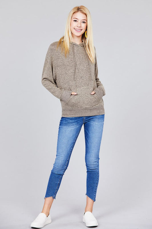 Ladies fashion plus size long sleeve hoodie w/drawstring brushed hacci knit top