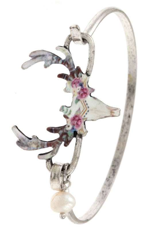 Floral etched bull bangle bracelet