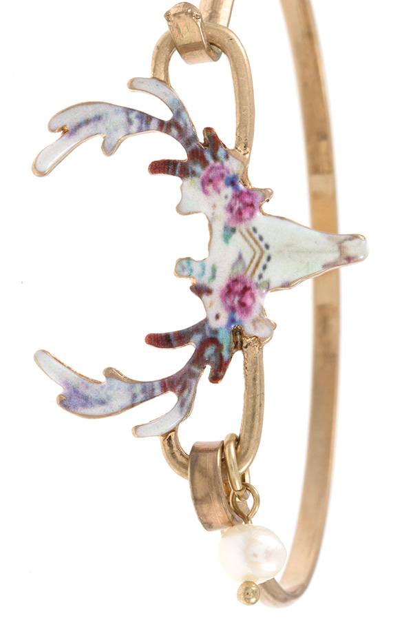 Floral etched bull bangle bracelet