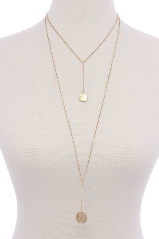 Hammered disc pendant drop layered necklace