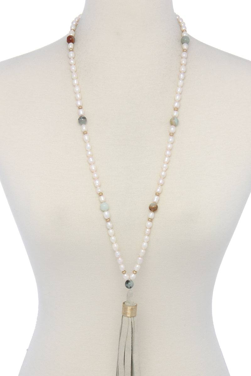 Suede tassel beaded long necklace