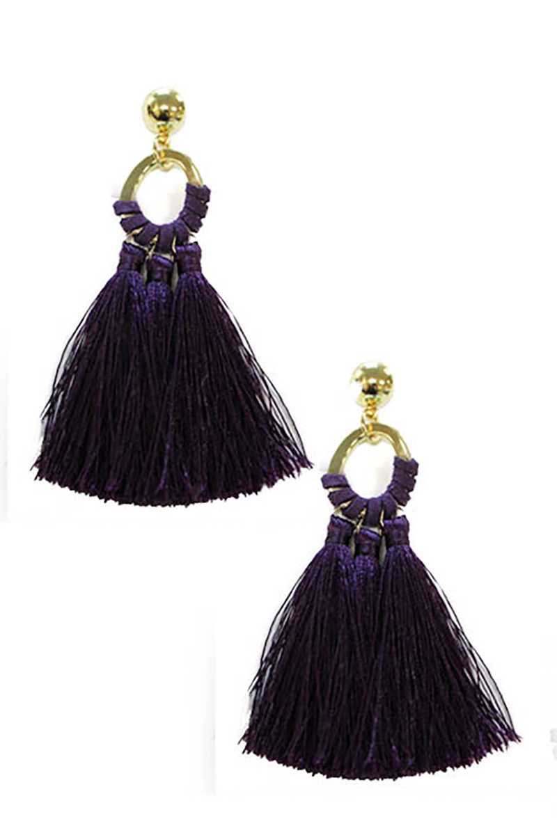Oval shape metal linked tassel drop earring
