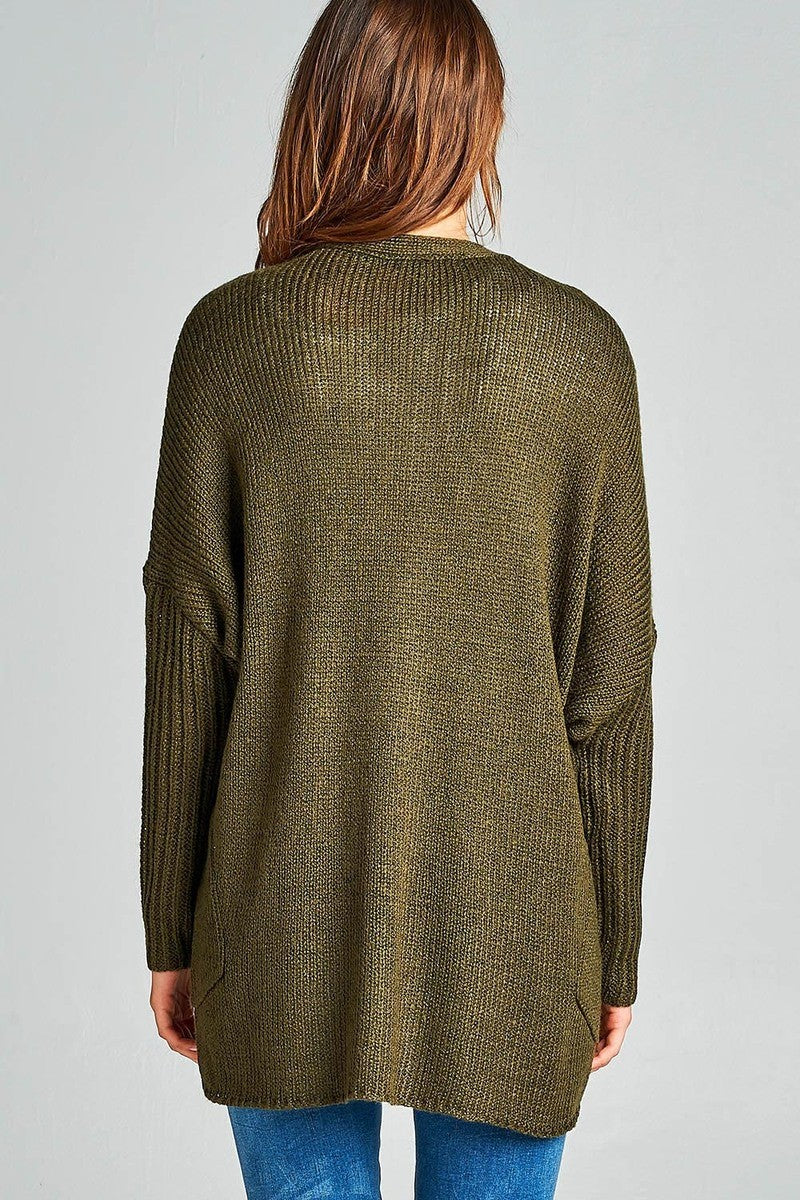 Long sleeve open drape knit sweater cardigan w/ pocket