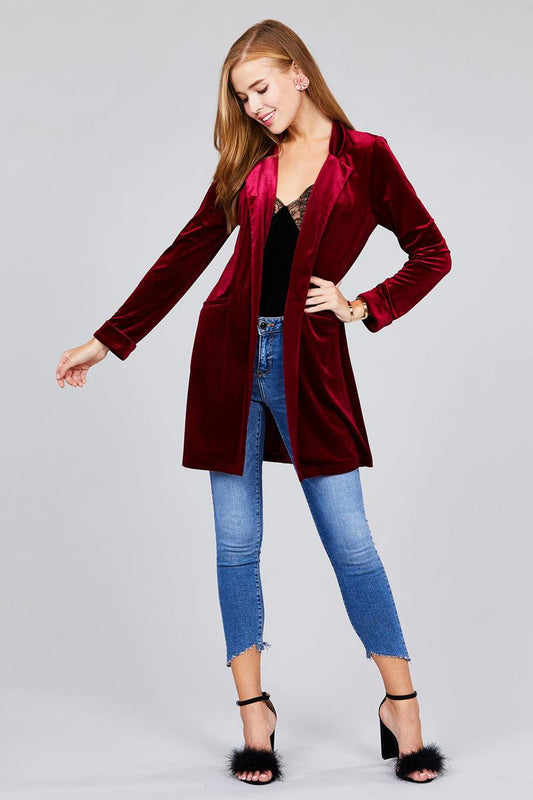 Long sleeve open front rounded lapel solid velvet long jacket