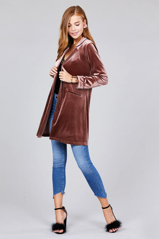 Long sleeve open front rounded lapel solid velvet long jacket