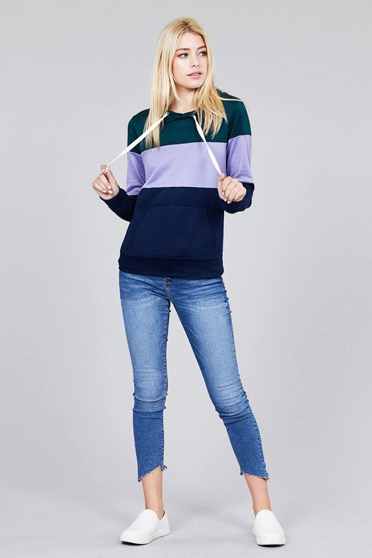 Long sleeve hoodie front kangaroo pocket color block pattern brushed french terry top