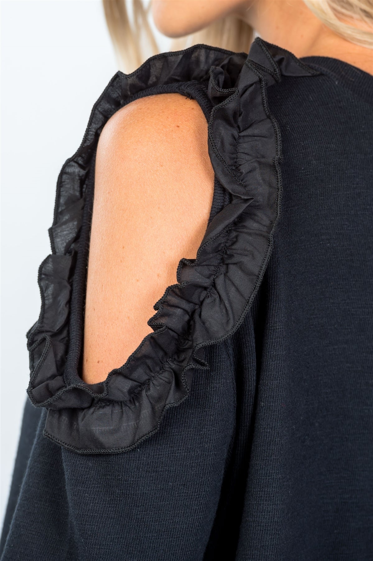 Black one side cold shoulder ruffle cutout sweater