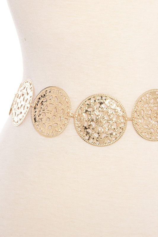 Floral cut out disk link metal chain belt