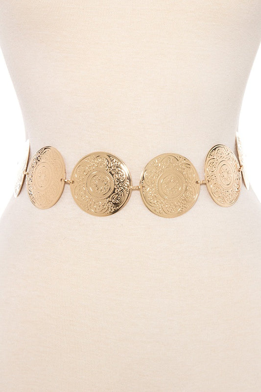 Floral metal etched link disk belt