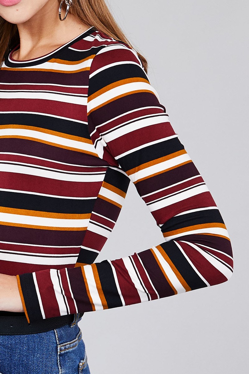 Ladies fashion plus size long sleeve crew neck multi striped dty brushed top