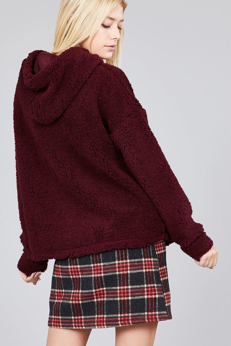 Ladies fashion long sleeve hoodie drawstring faux fur top