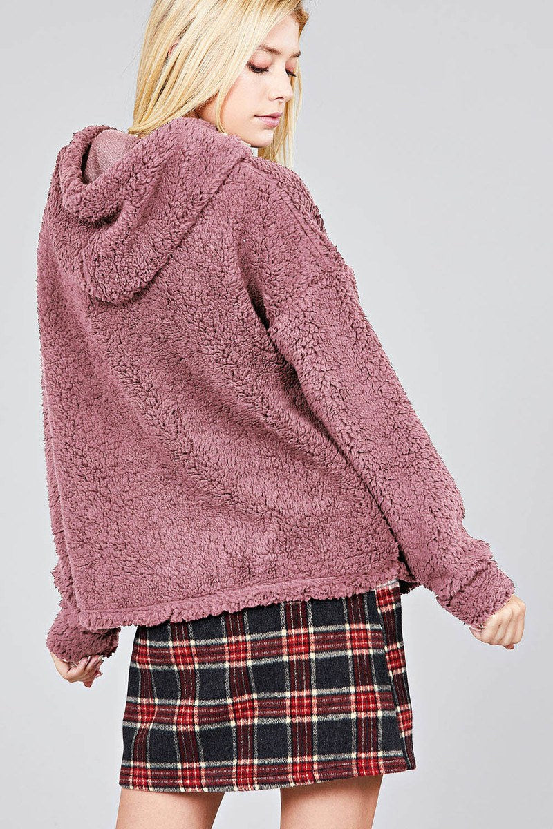 Ladies fashion long sleeve hoodie drawstring faux fur top