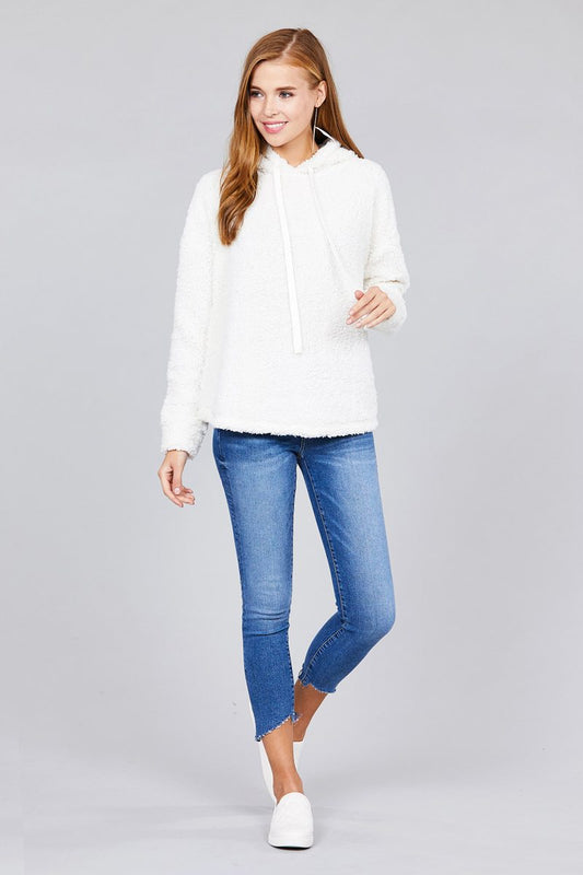 Ladies fashion long sleeve hoodie drawstring faux fur top
