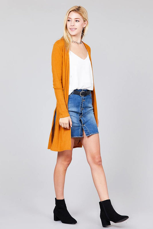 Ladies fashion long sleeve open front side slit tunic length brushed waffle cardigan