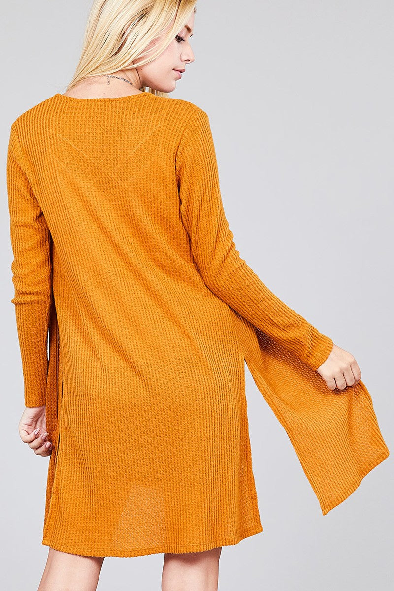 Ladies fashion long sleeve open front side slit tunic length brushed waffle cardigan