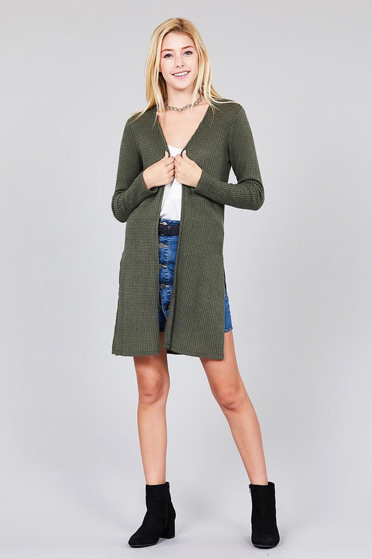 Ladies fashion long sleeve open front side slit tunic length brushed waffle cardigan