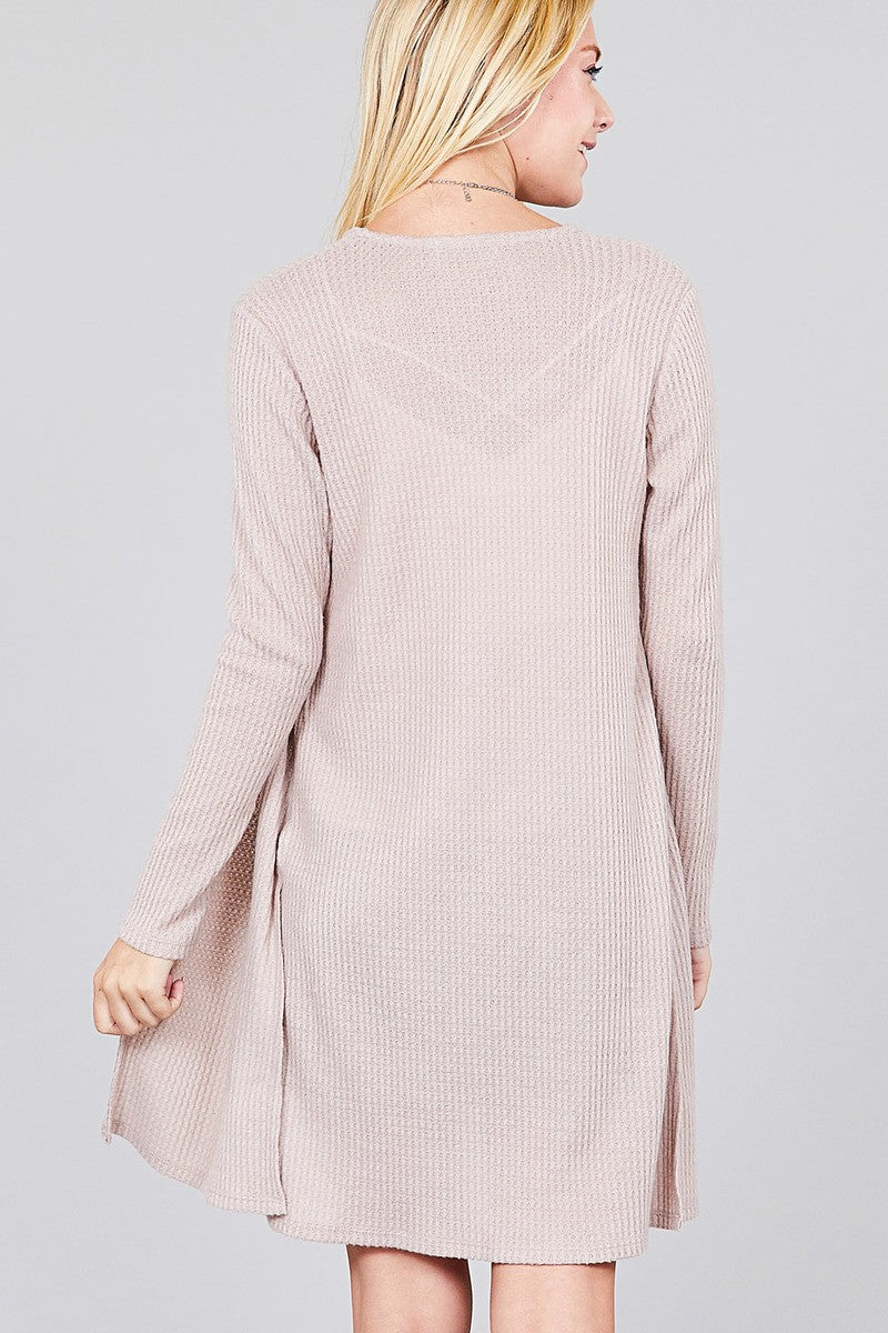 Ladies fashion long sleeve open front side slit tunic length brushed waffle cardigan