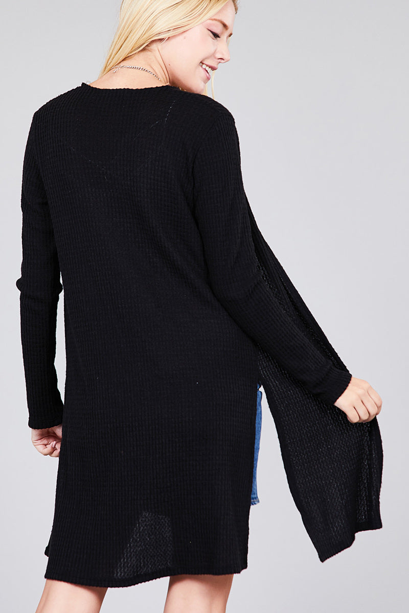 Ladies fashion long sleeve open front side slit tunic length brushed waffle cardigan