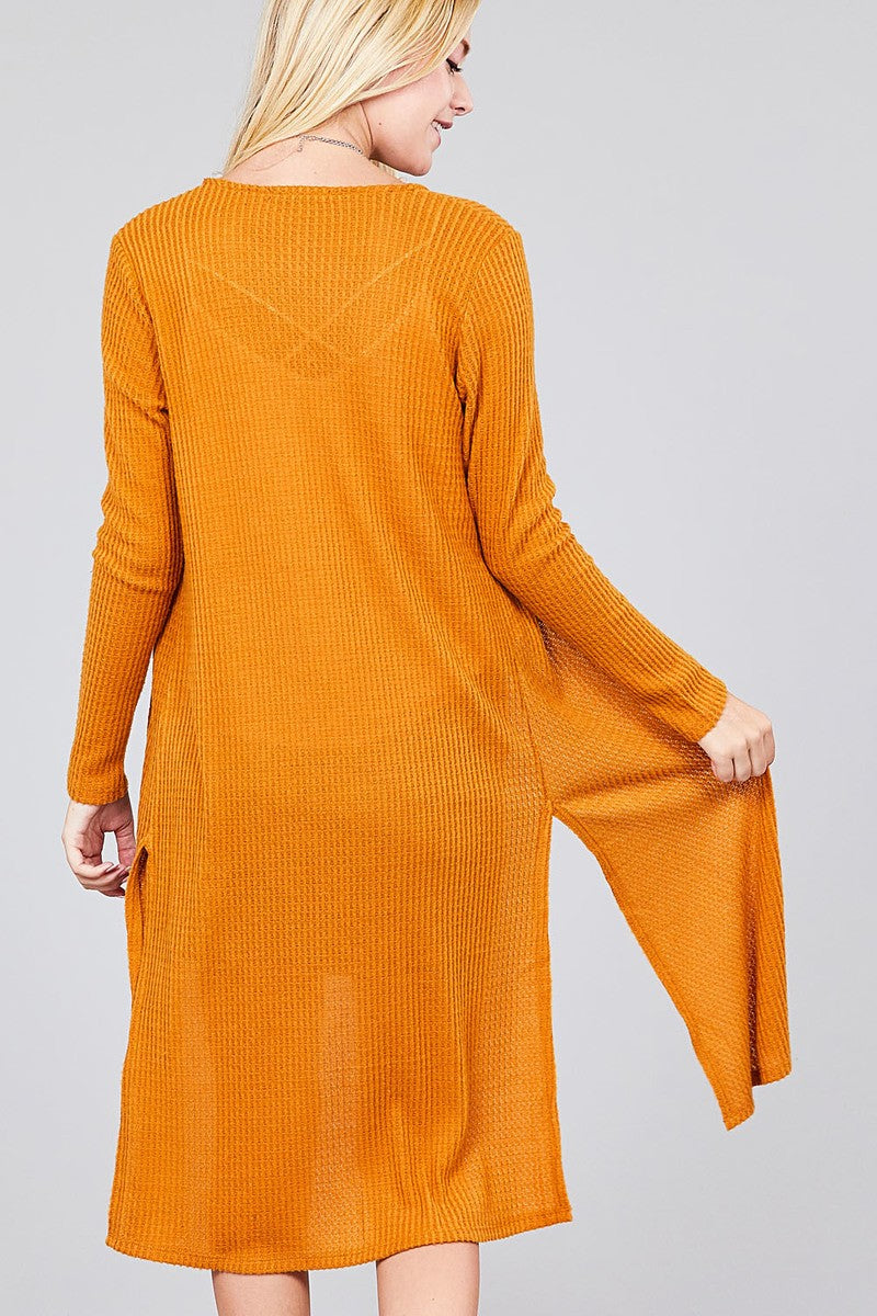 Ladies fashion long sleeve open front side slit midi length brushed waffle cardigan